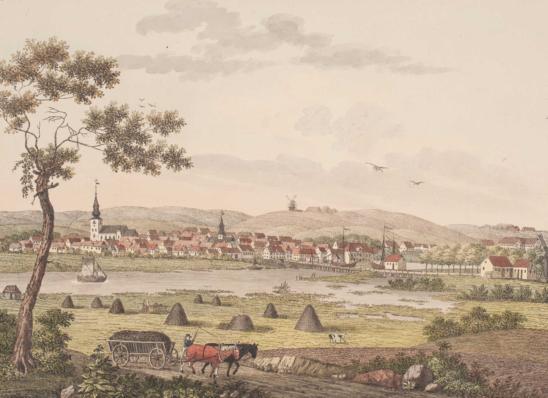 Landscape with figures in stillness, oil painting by Søren L. Lange