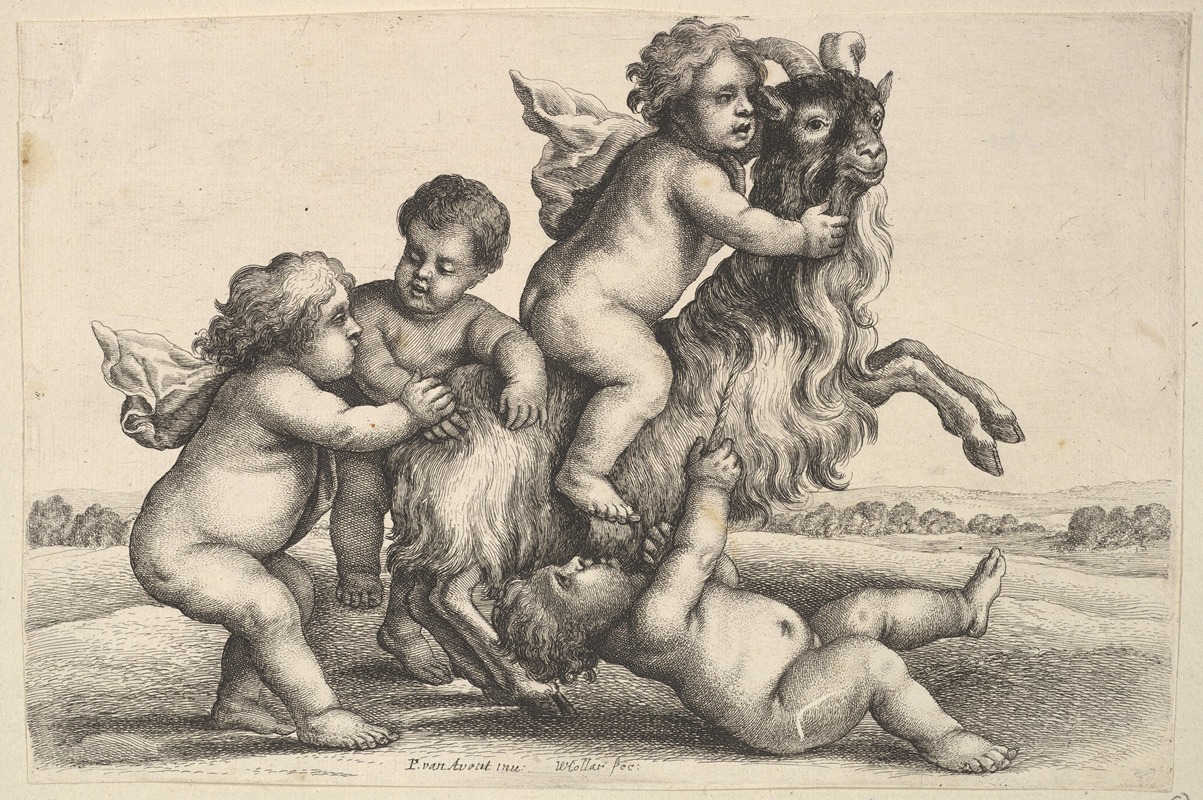 A charming scene of four boys playing with a goat.