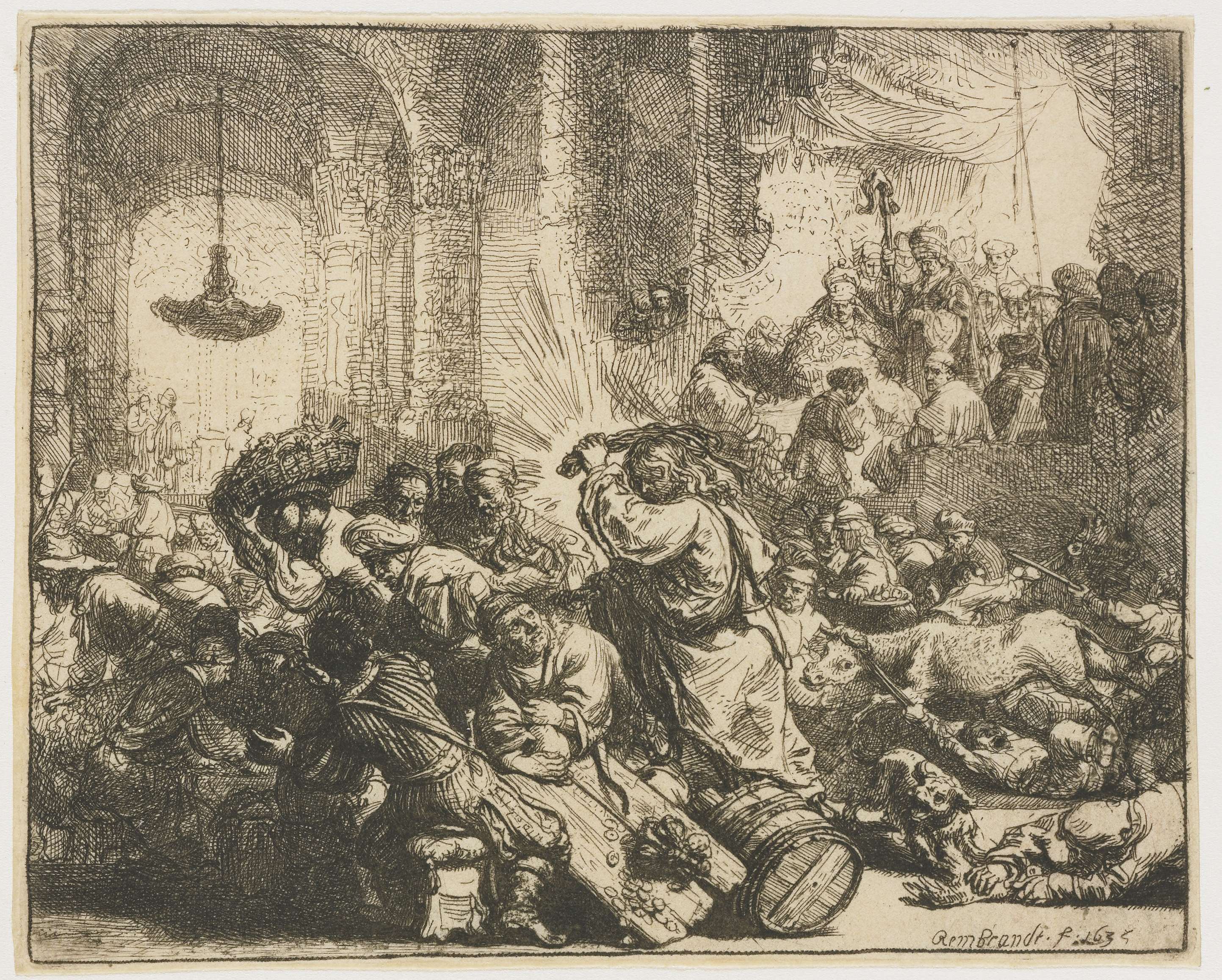 Christ driving the money changers from the temple, by Rembrandt van Rijn, public domain