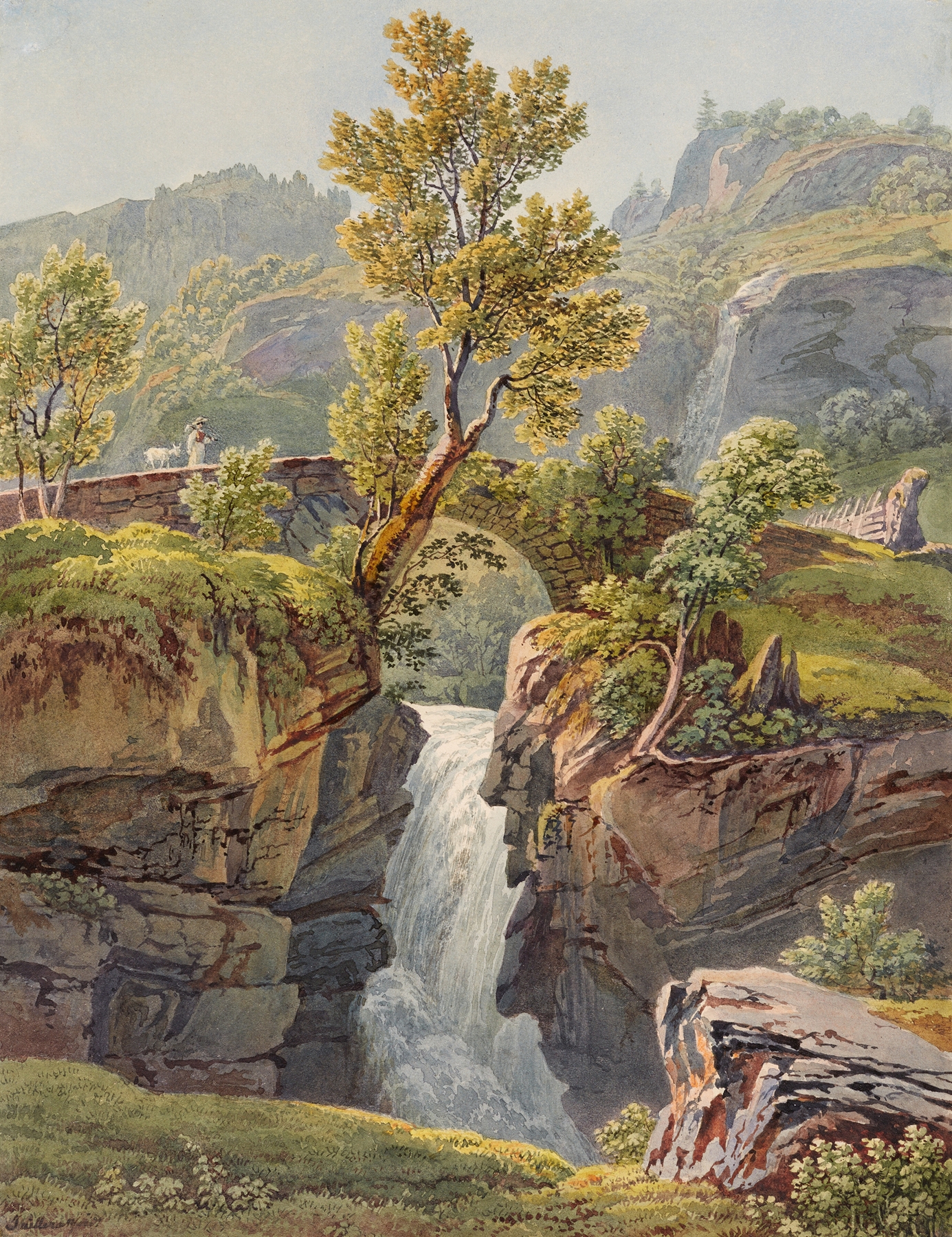 Pont du Richenbach Canton Berne Suiss, oil on canvas by Jacques Henri Juillerat, depicting a tranquil river landscape.