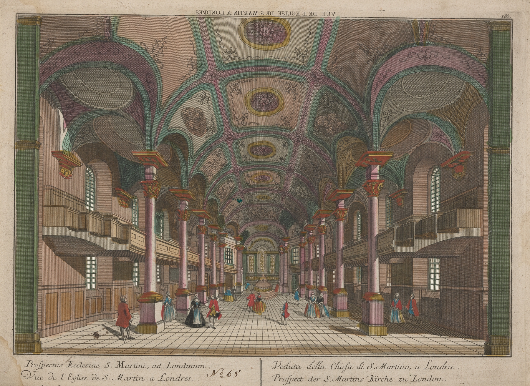 Engraving by Georg Balthasar Probst depicting the Church of St. Martin in London at sunset.