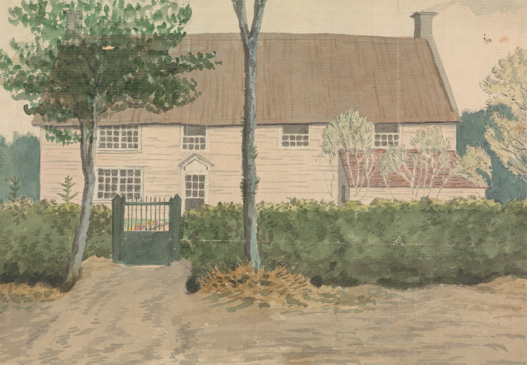Farmhouse by Edward Francis Burney, oil painting depicting a rustic building in a serene landscape.
