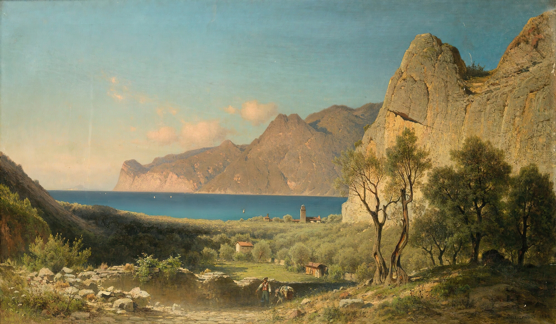 Mediterranean landscape by Aleksander Swieszewski, oil painting depicting ocean waves and sandy shores.