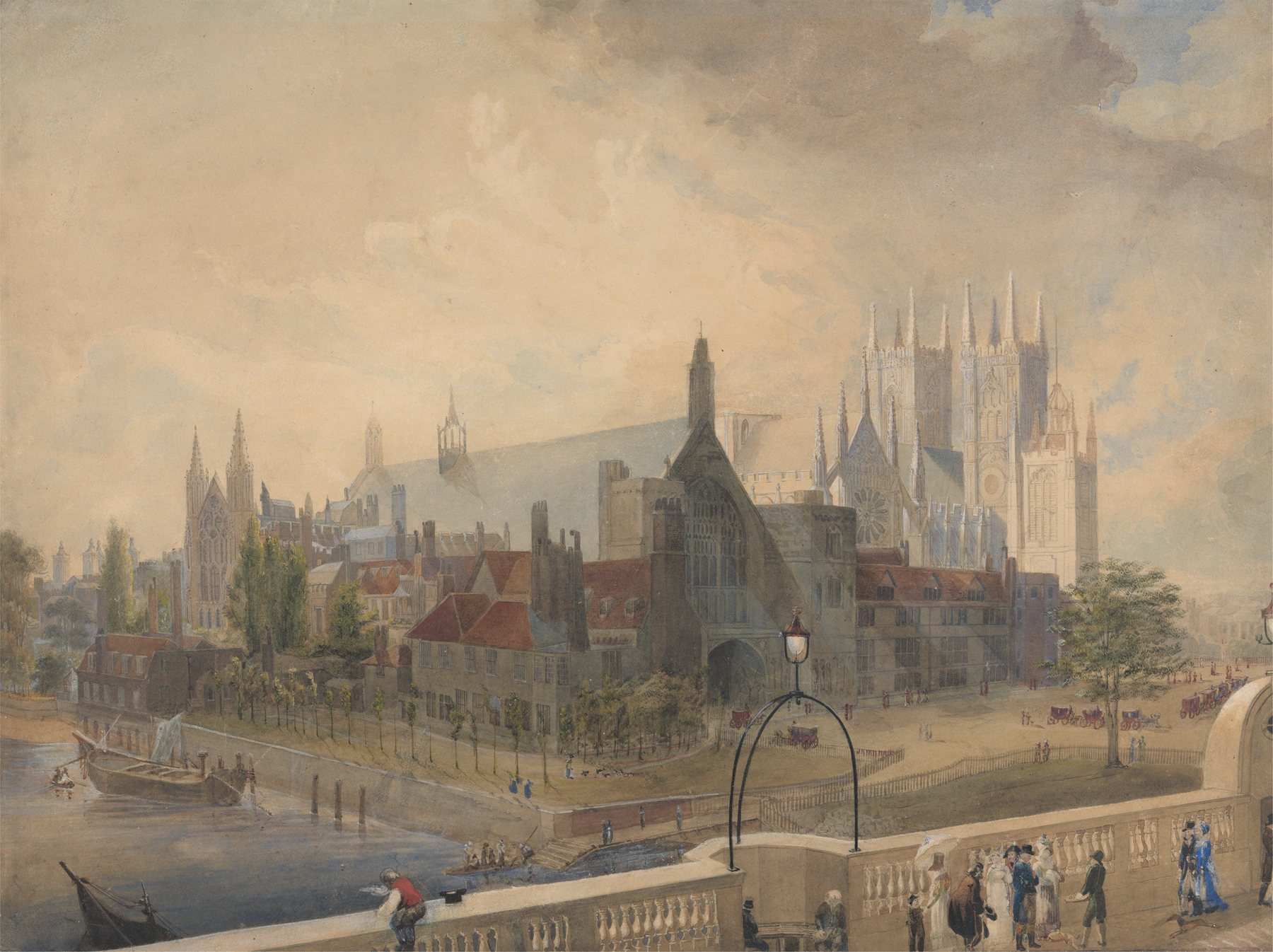View of Westminster Abbey from the bridge, oil painting by John Gendall