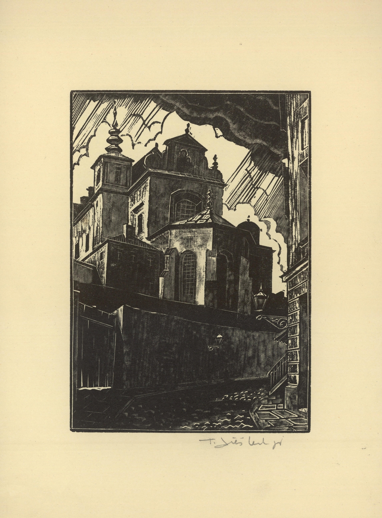 Kościół Św. Anny by Tadeusz Cieślewski, oil painting depicting a church facade against a muted sky.