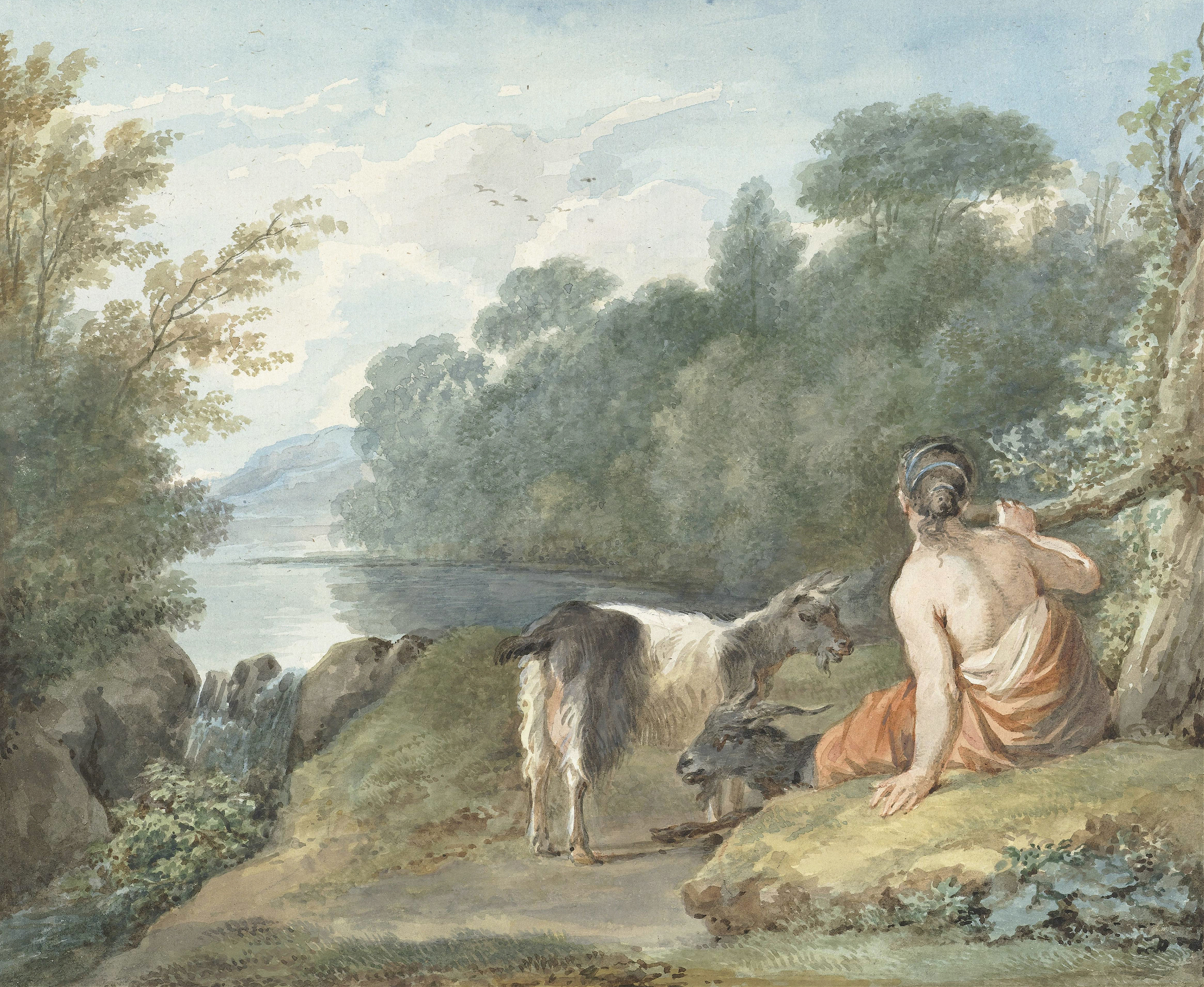 Herderin met geiten in een landschap met een meer, oil on canvas by Aert Schouman