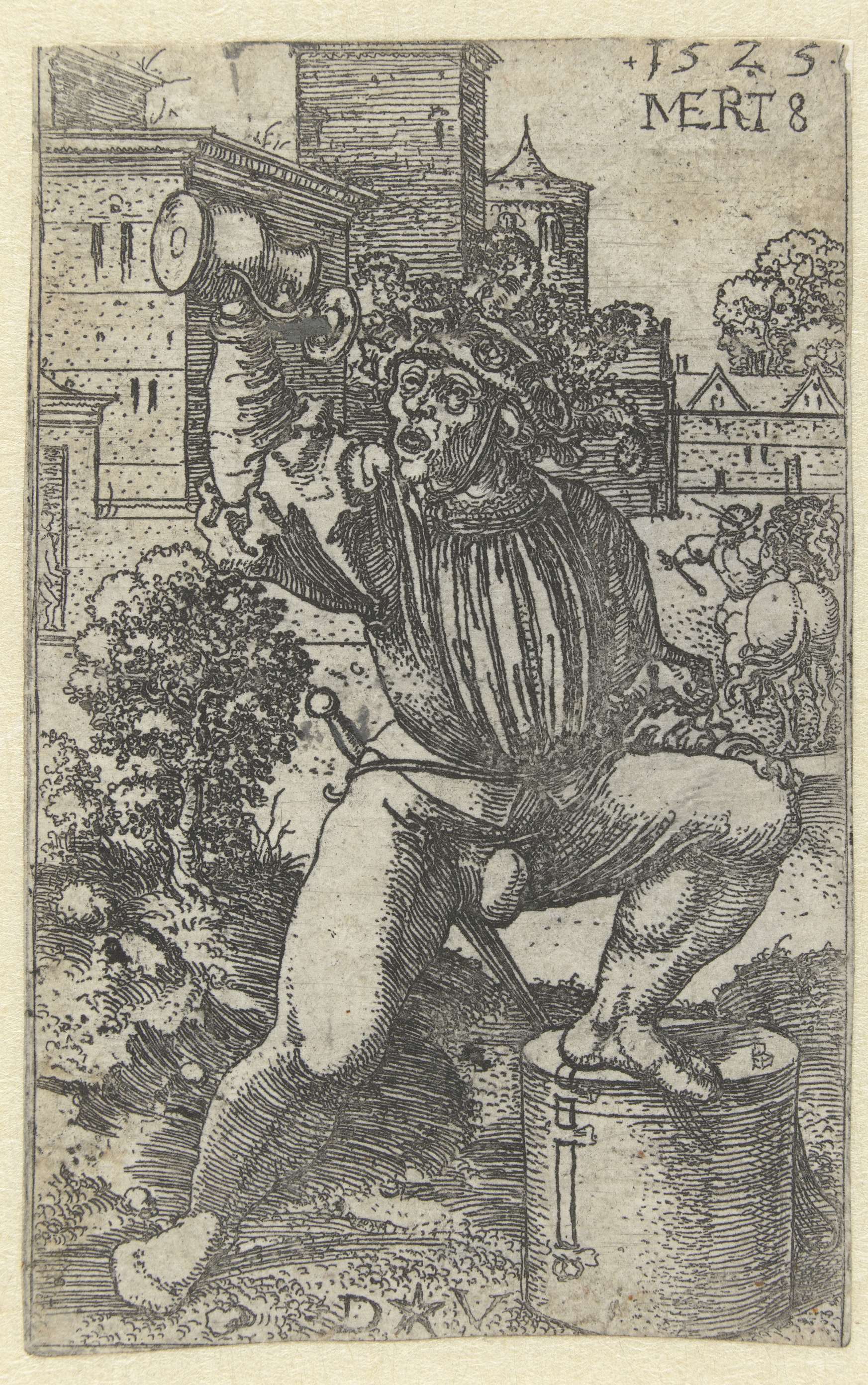 Figurative etching by Dirck Vellert featuring a tambourine player in vibrant colors.
