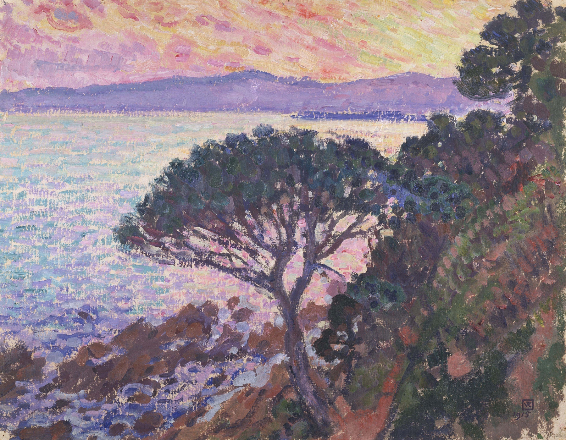 Pine tree silhouette against a sunset sky, oil on canvas by Theo van Rysselberghe