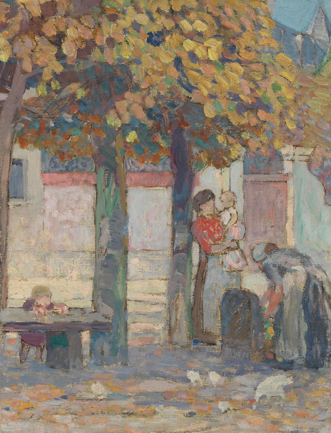 Genre scene depicting a sunlit village square with figures, oil painting by Victor Menu.