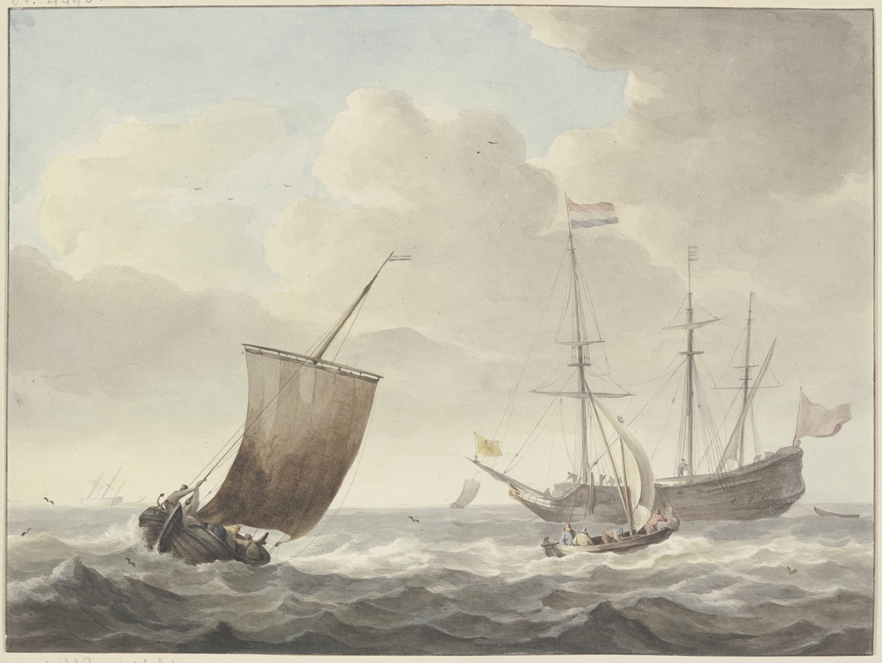 Marine scene with ships and a yellow flag featuring a lion, oil painting by Martinus Schouman