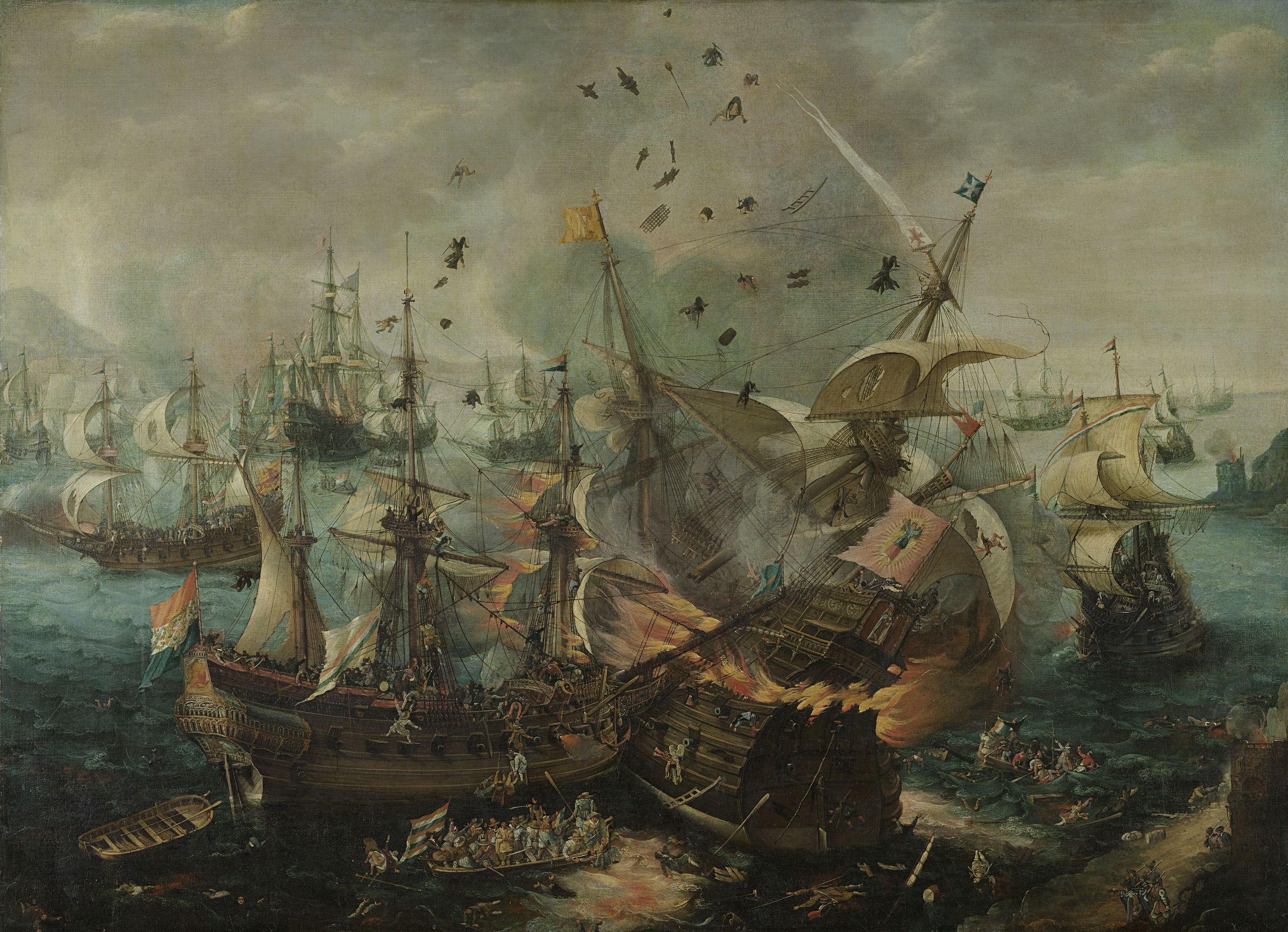 Historical oil painting by Cornelis Claesz van Wieringen depicting a naval battle at Gibraltar.