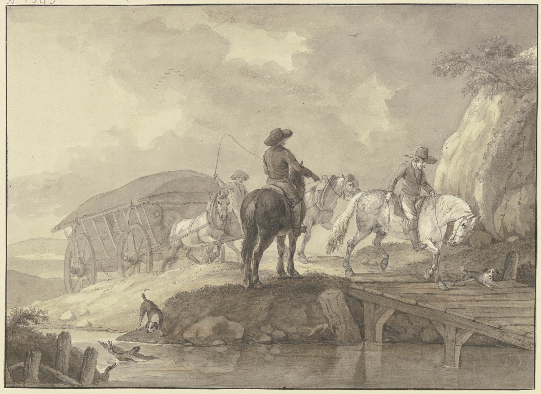 Oil painting by Johann Georg Pforr showing a laden wagon crossing a bridge with riders and dogs.