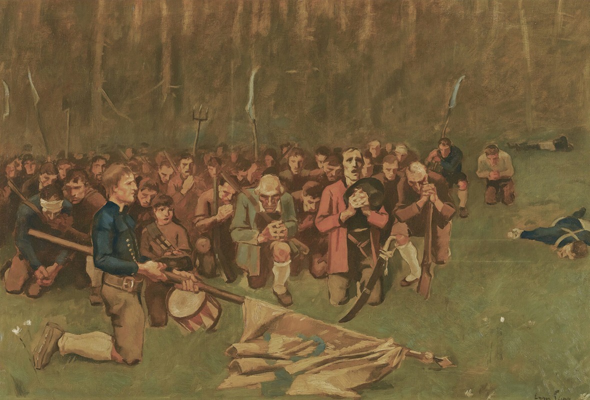 This painting depicts a somber scene of prayer after a battle.