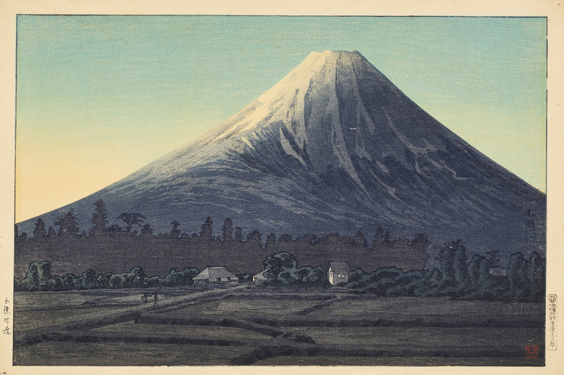 Ukiyo-e by Takahashi Hiroaki depicting Mount Fuji at sunset.