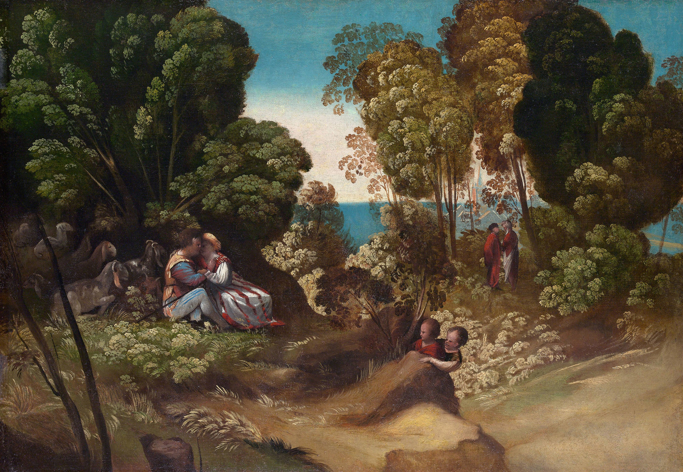 The Three Ages of Humans, oil on canvas by Dosso Dossi featuring three figures in warm light.