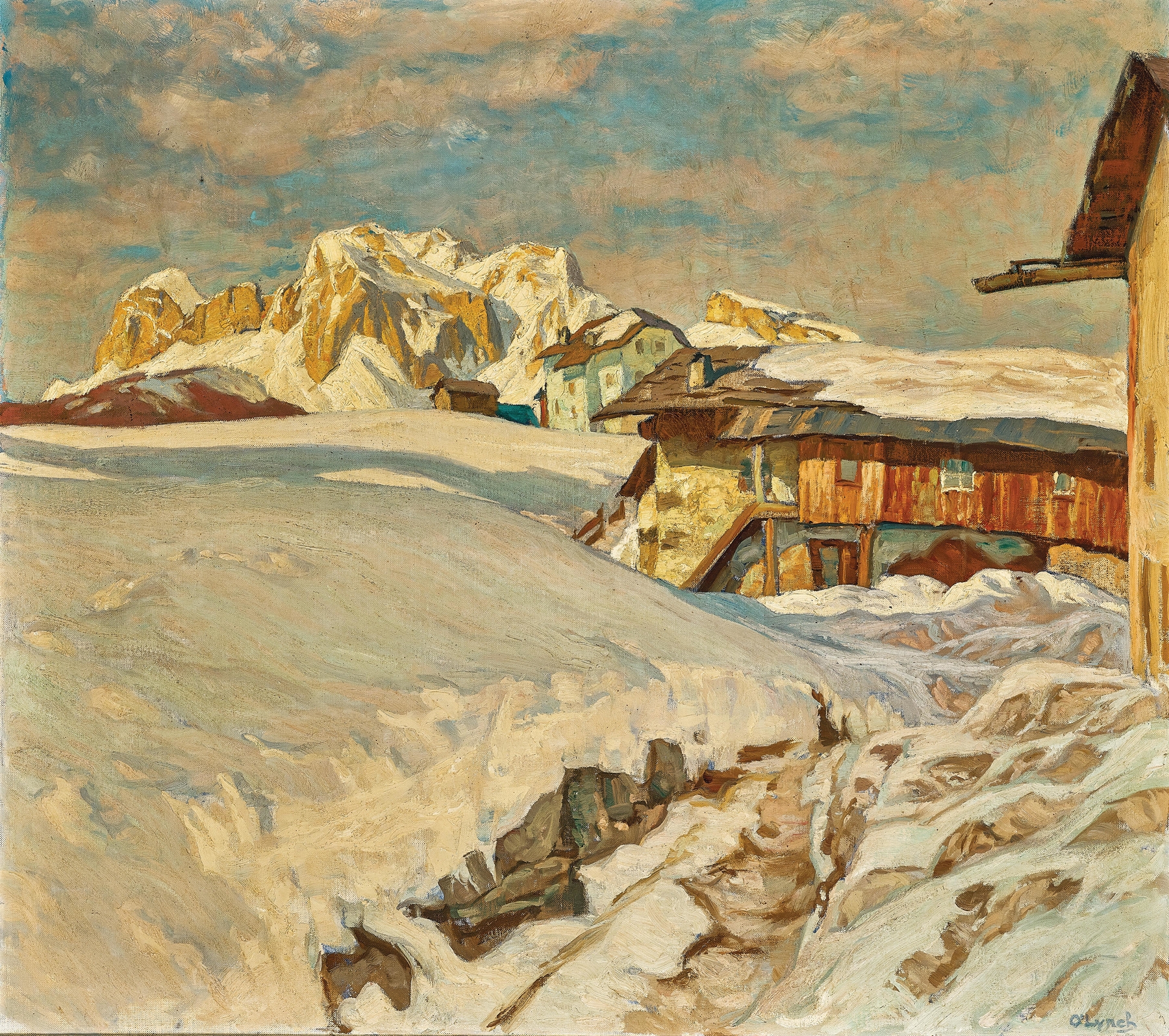 Oil painting by Carl O'Lynch depicting Tofana mountains and serene landscape.