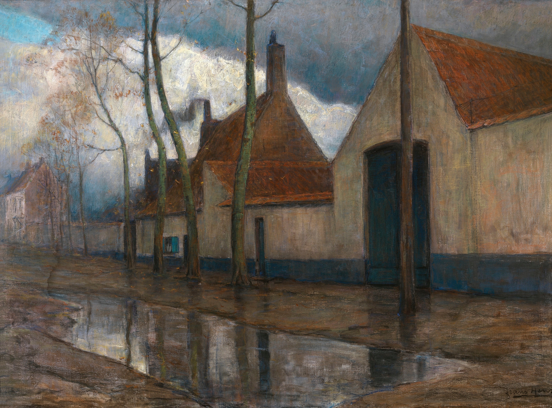 In the Suburbs by Frans Hens, depicting a landscape with a crumbling wall in post-impressionism style.