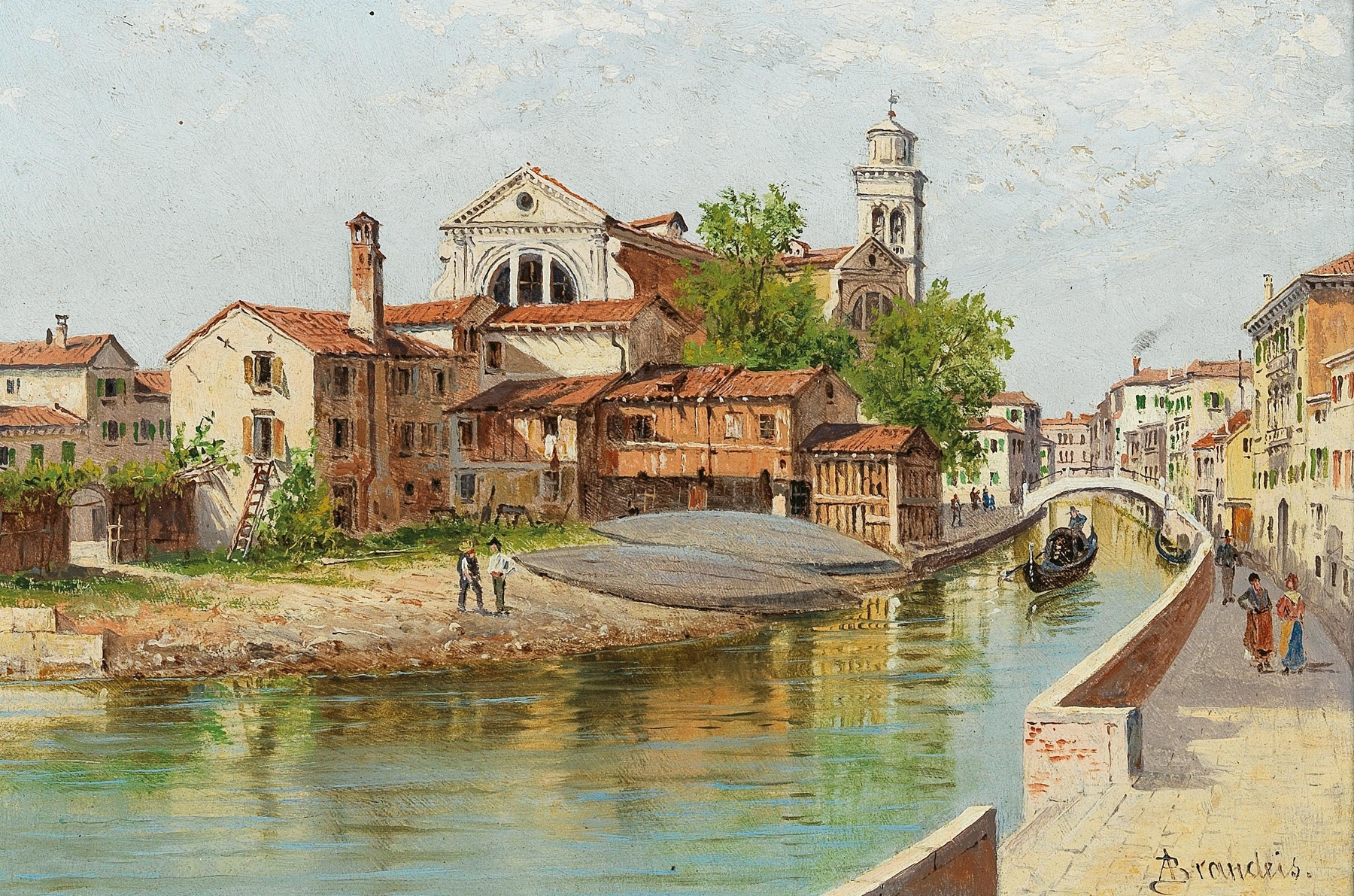 Oil painting of Saint Trovaso Venice by Antonietta Brandeis, featuring a serene waterway and buildings.