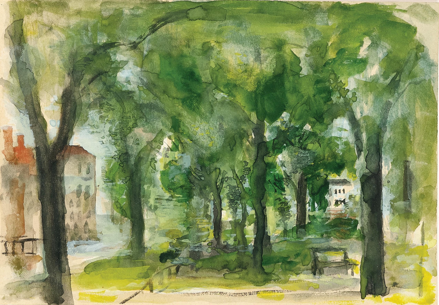 Landscape with lush foliage surrounding a white house, oil painting by Wilhelm Thöny