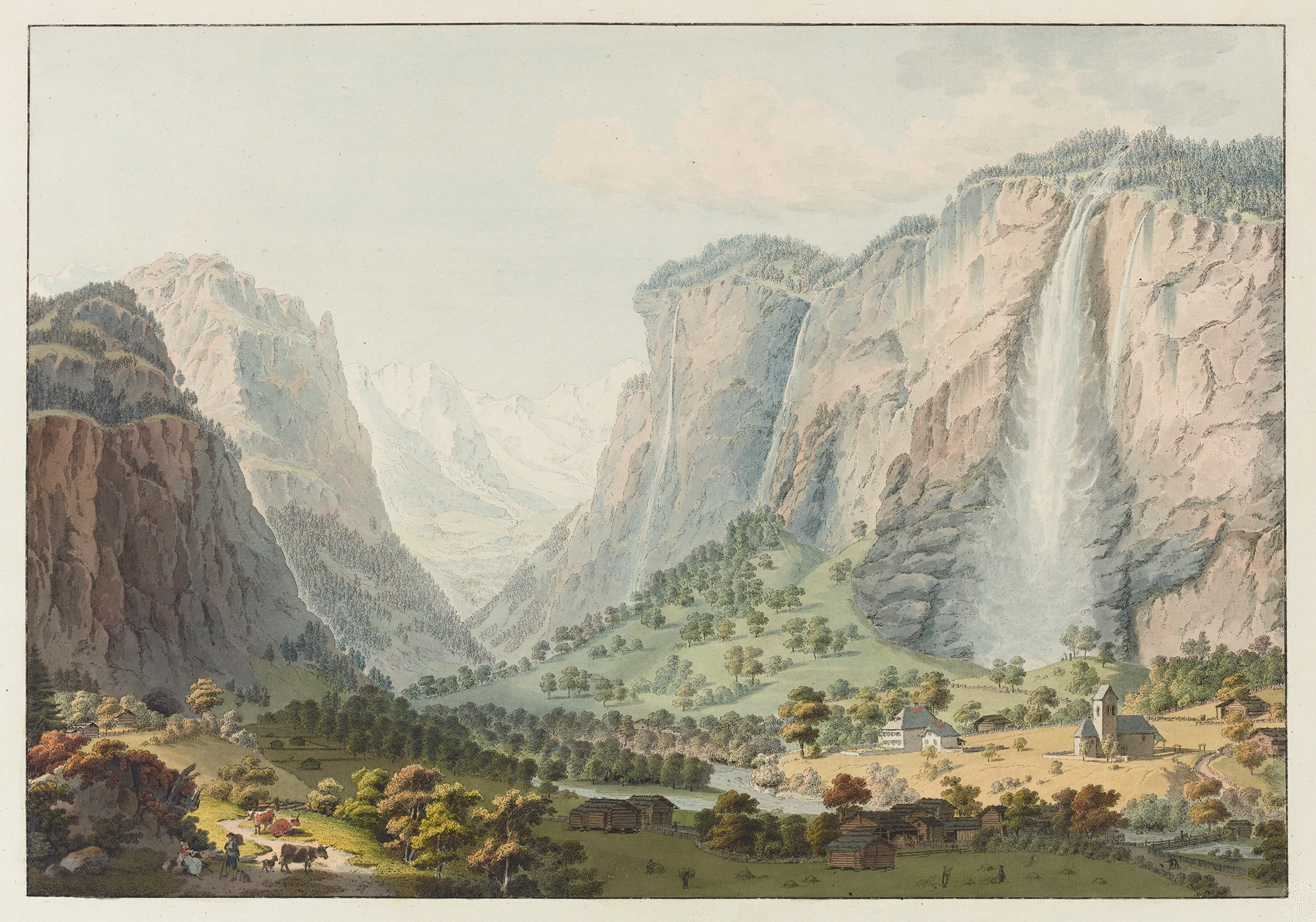 Landscape oil painting by Gabriel Lory the older featuring Staubbach Falls in the Swiss Alps.