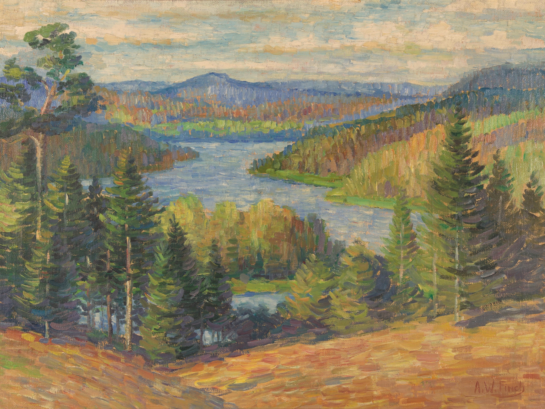 Landschap in Finland by Alfred William Finch, oil on canvas depicting a tranquil forest landscape.