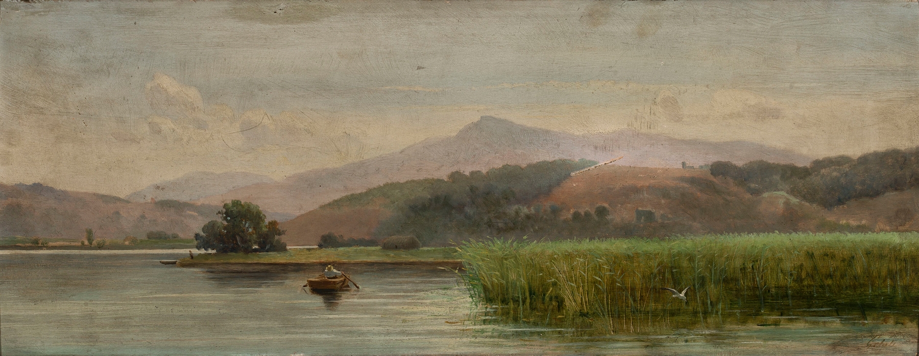Lake Chiusi in Tuscany by Lorenzo Gelati, oil painting depicting a tranquil landscape with water and sky.