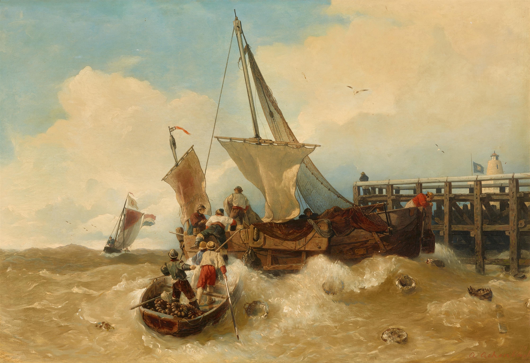 Fischerboote bei stürmischer See, by Andreas Achenbach, public domain