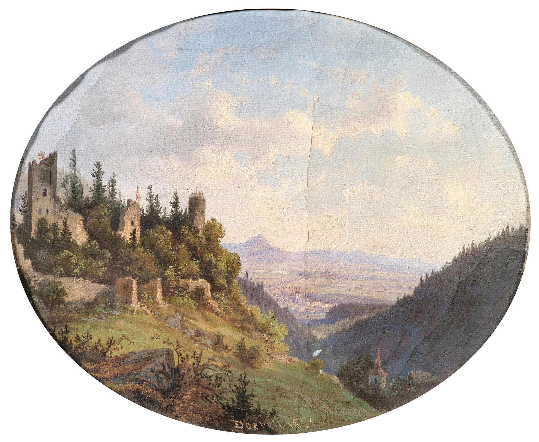 Landscape oil painting by Ernst Gustav Doerell depicting Riesenburg and the Cistercian Monastery of Ossegg.