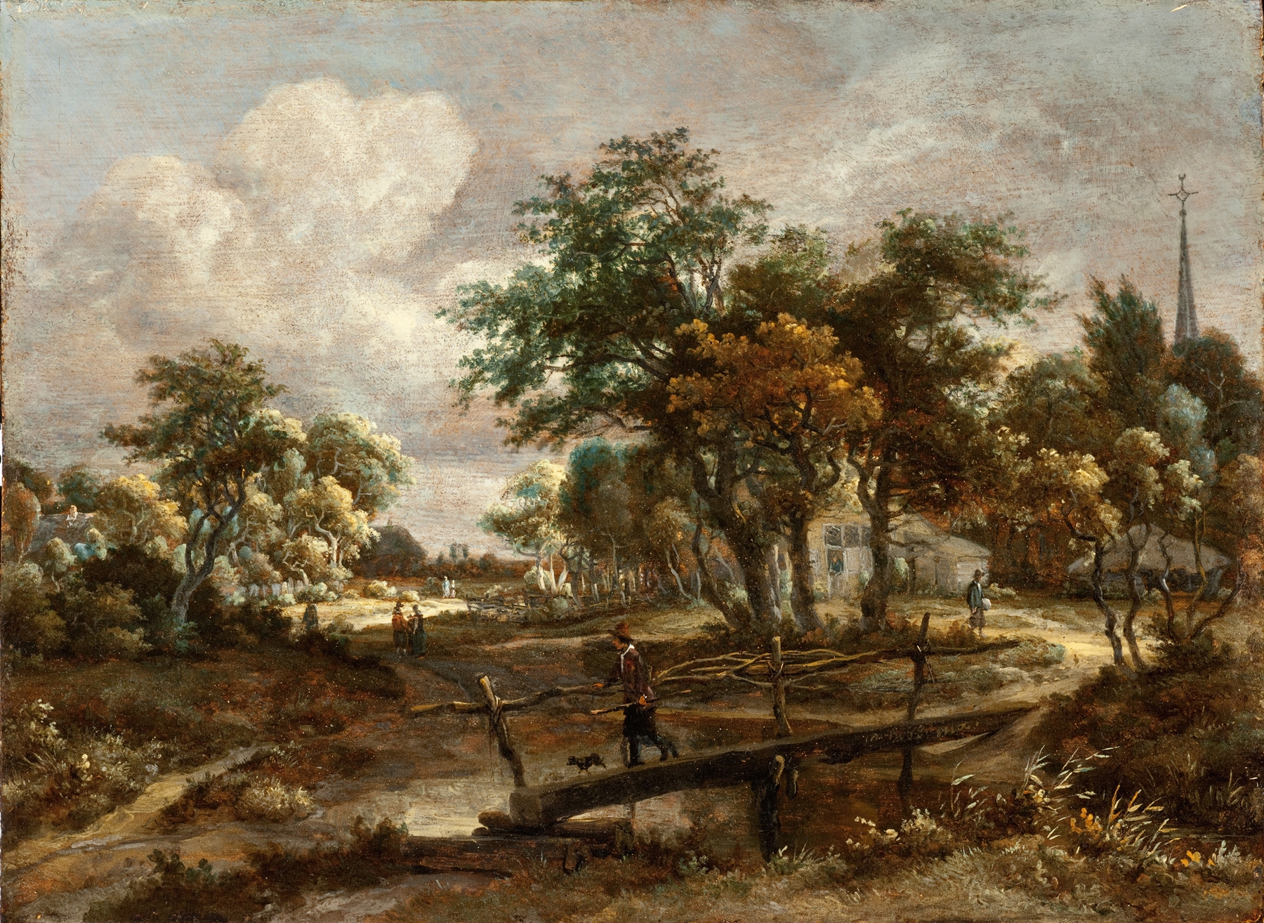Landscape with a Footbridge, by Meindert Hobbema, public domain