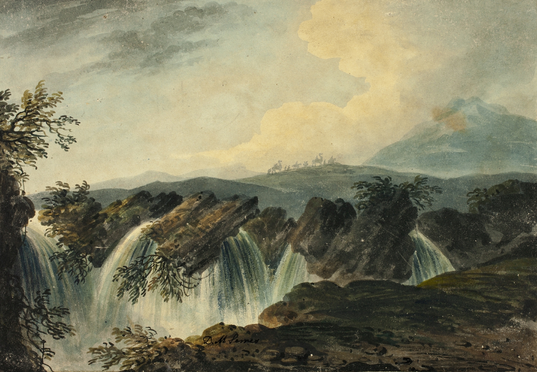 Camel Caravan Crossing Plane Above Waterfall, by Dominic Serres, public domain