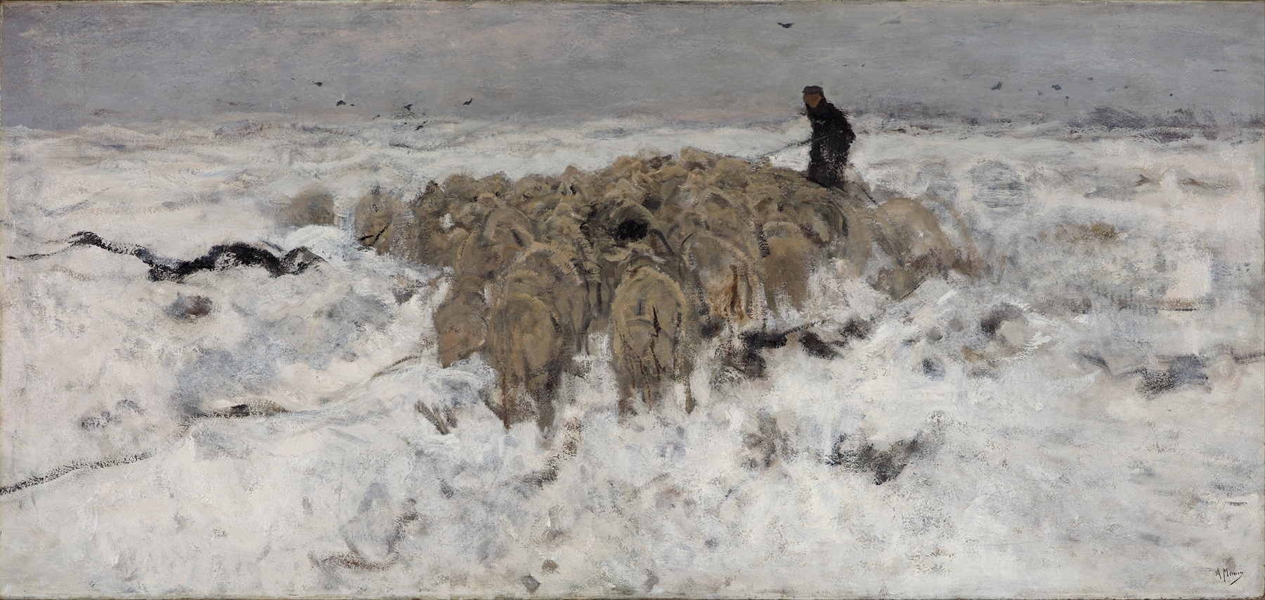Flock of sheep with shepherd in the snow, oil painting by Anton Mauve