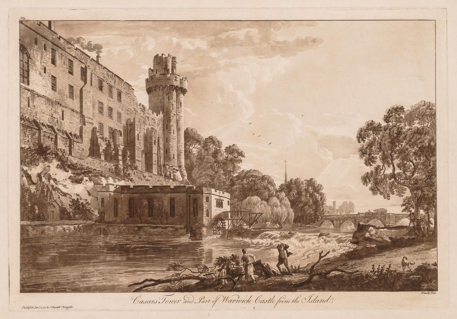 Caesar’s ower and Part of Warwick Castle from the Island, by Paul Sandby, public domain