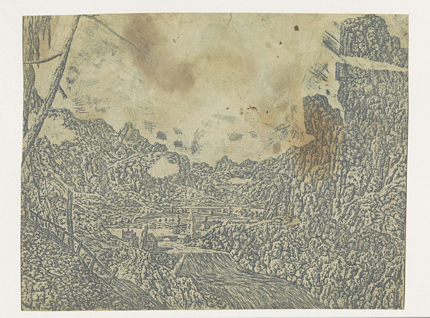 Landscape with a Waterfall, Second Version, by Hercules Segers, public domain