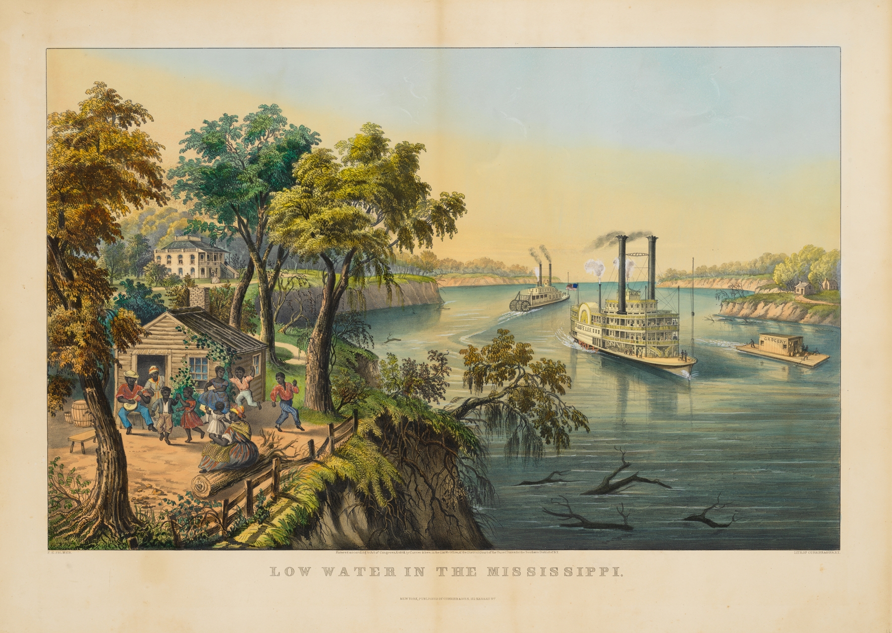 Low Water in the Mississippi by Frances Flora Bond Palmer, realism, depicting a river with reflections and a vibrant sky.