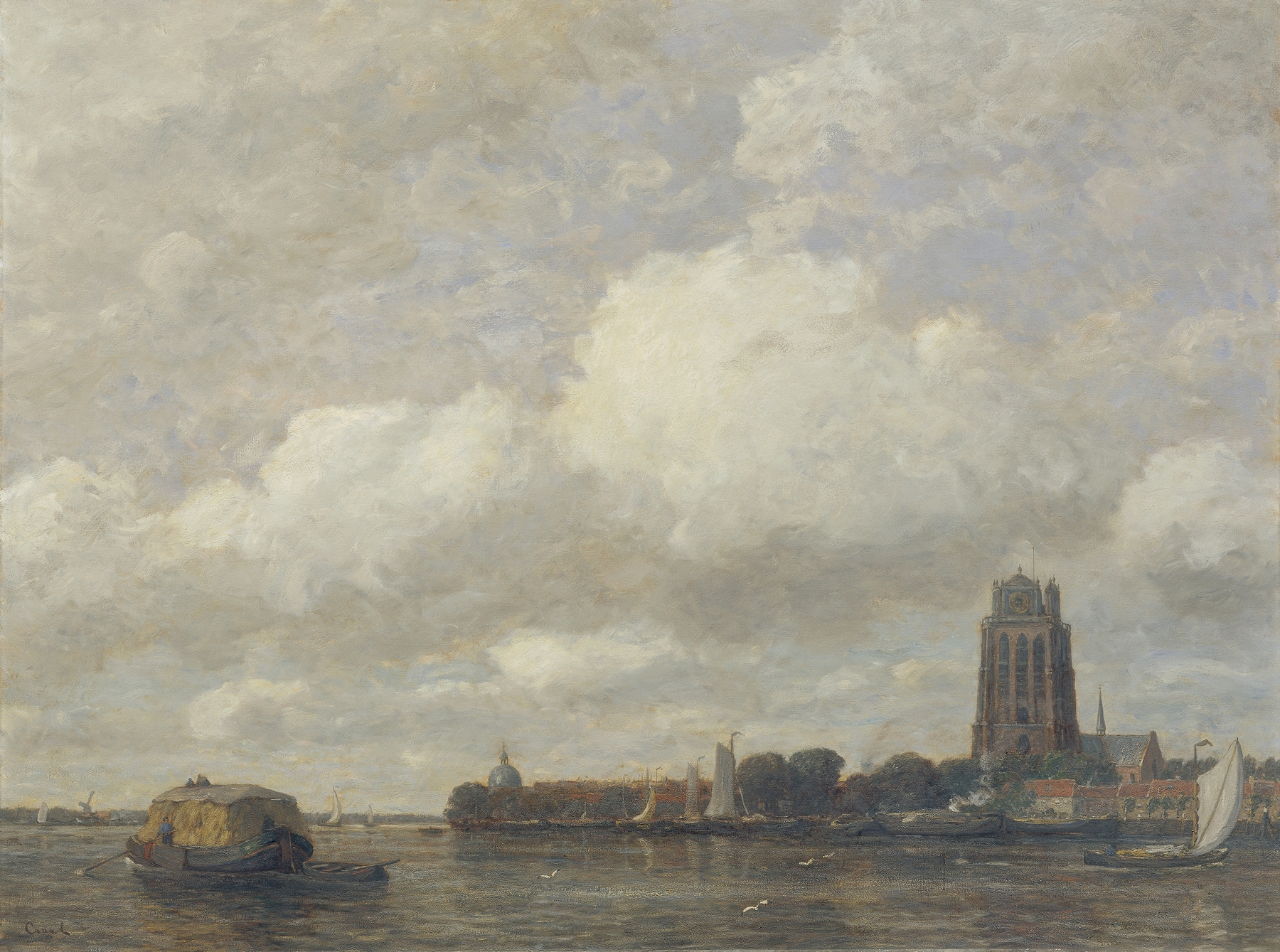 Dordrecht by Gilbert von Canal, oil painting depicting a quiet village landscape with muted colors.