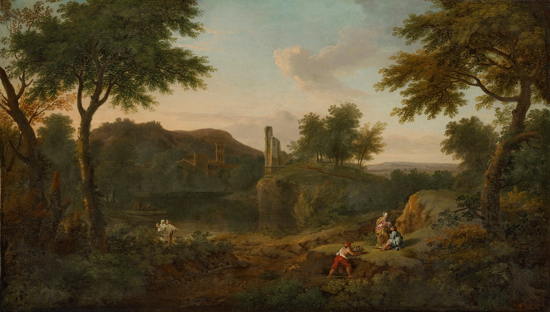 Rococo landscape by George Lambert featuring figures and lush greenery.