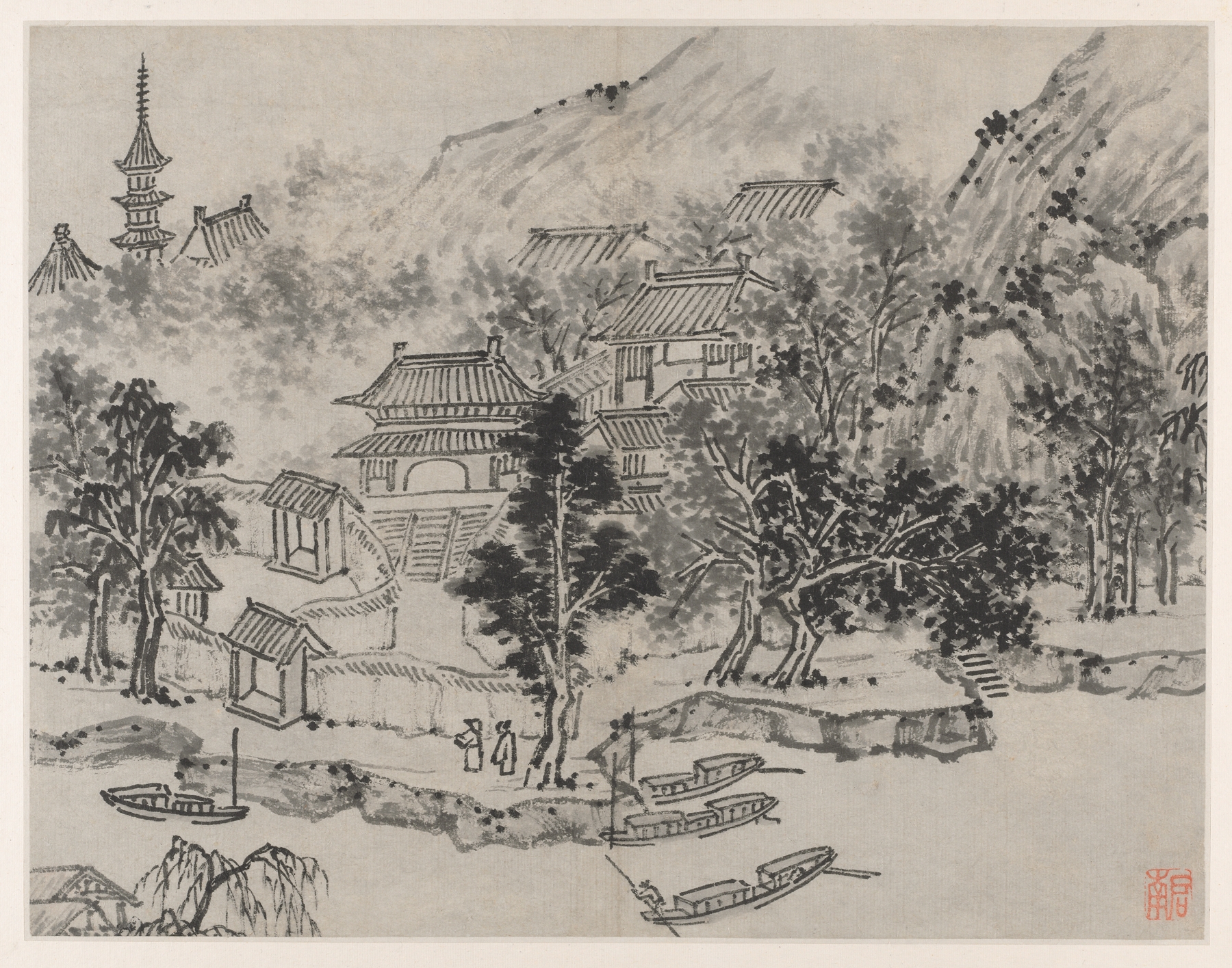 Distant View of Tiger Hill from the Canal Mooring, from Twelve Views of Tiger Hill, Suzhou, by Shen Zhou, public domain