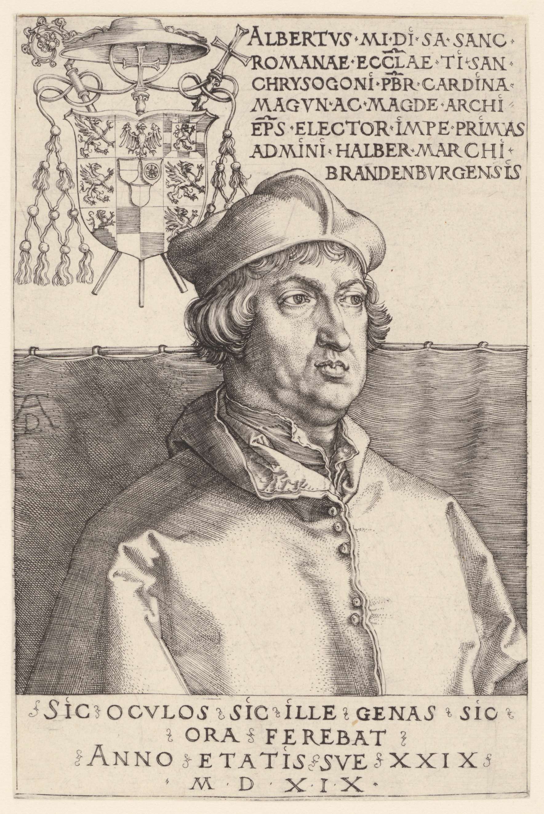 Engraving of Cardinal Albert by Albrecht Dürer, featuring rich robes and dramatic light
