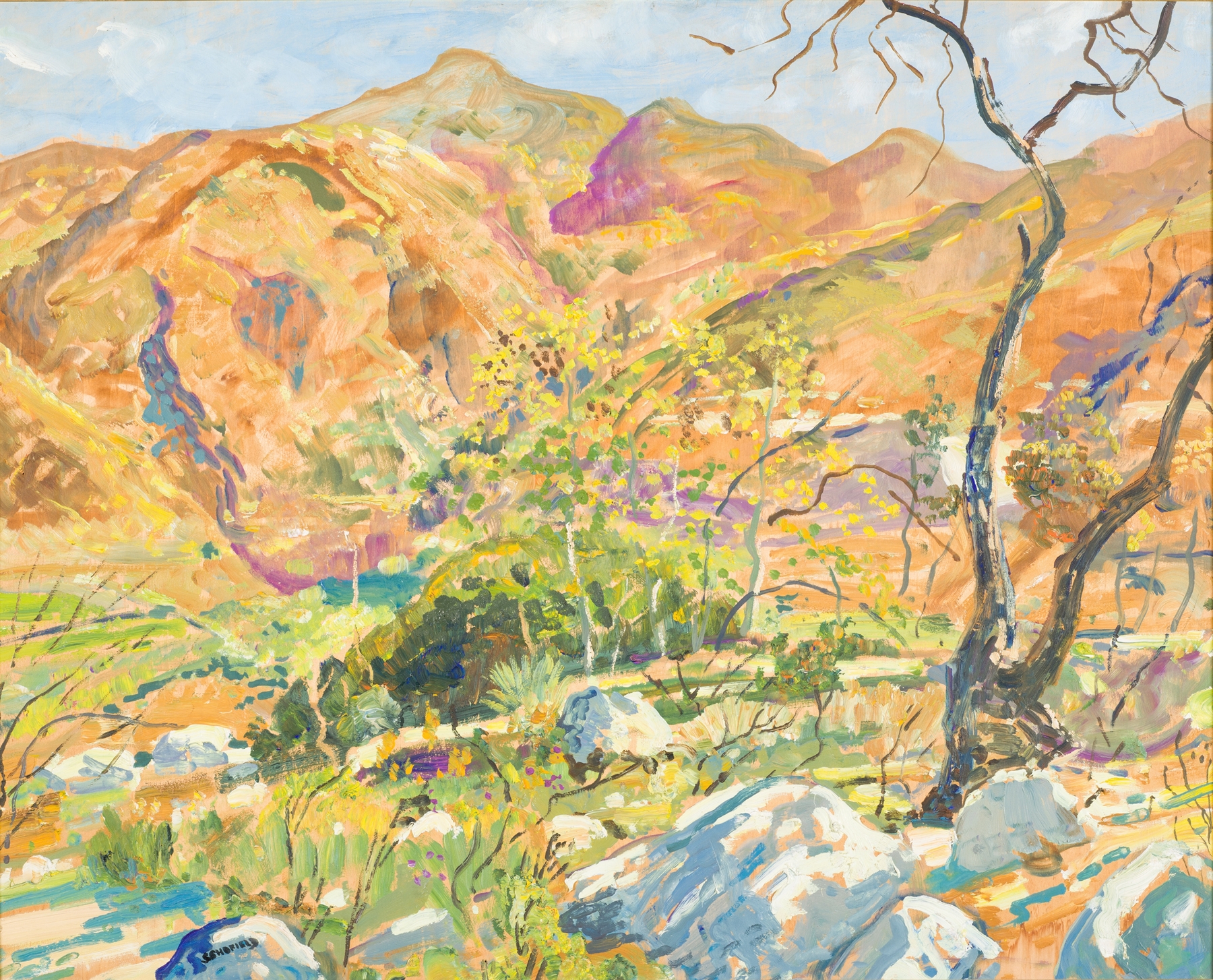 Tujunga Canyon oil painting by Walter Elmer Schofield depicting a serene landscape.