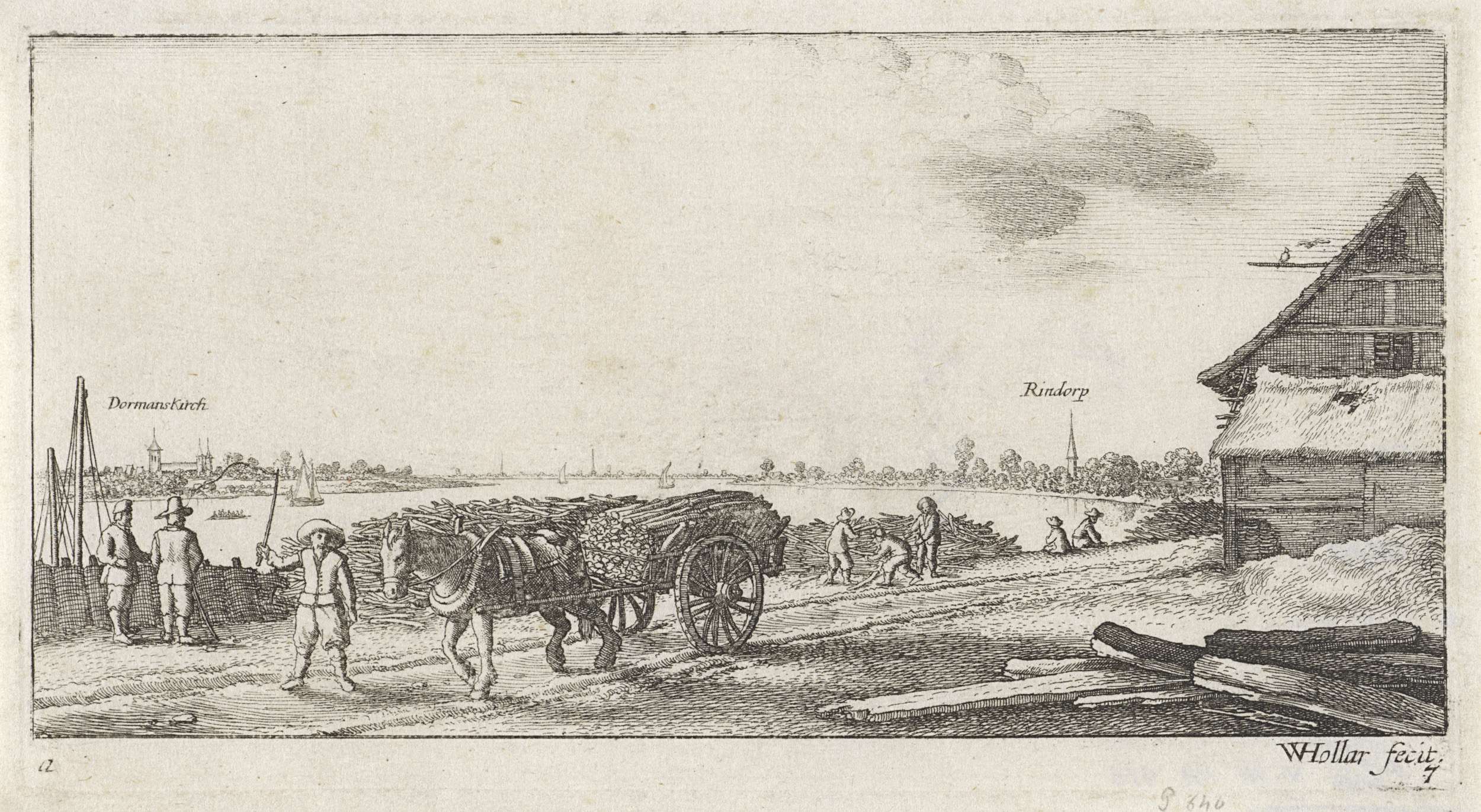 Etching by Wenceslaus Hollar depicting a river landscape with a village at dawn