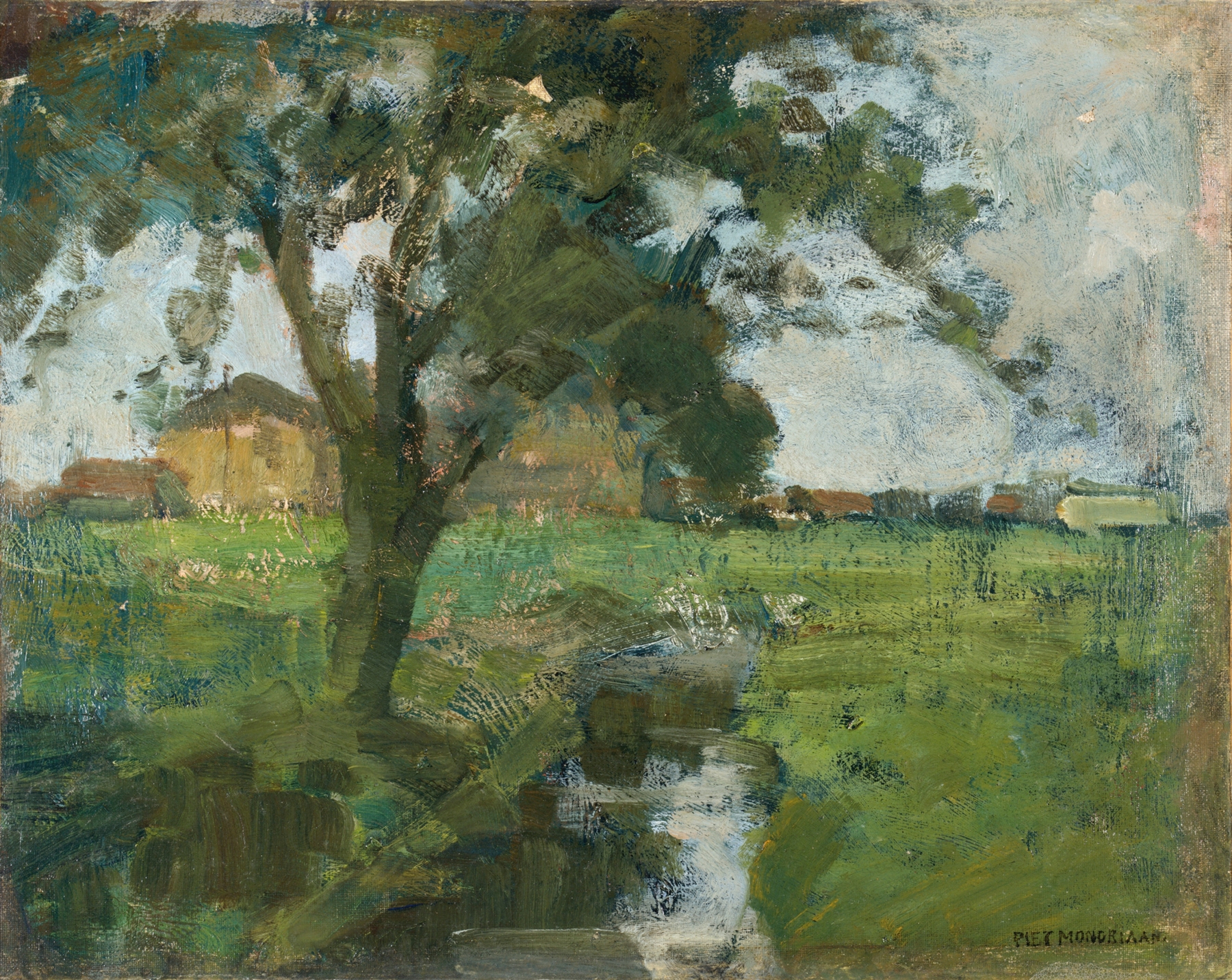 Farm Setting With Foreground Tree And Irrigation Ditch, by Piet Mondrian, public domain