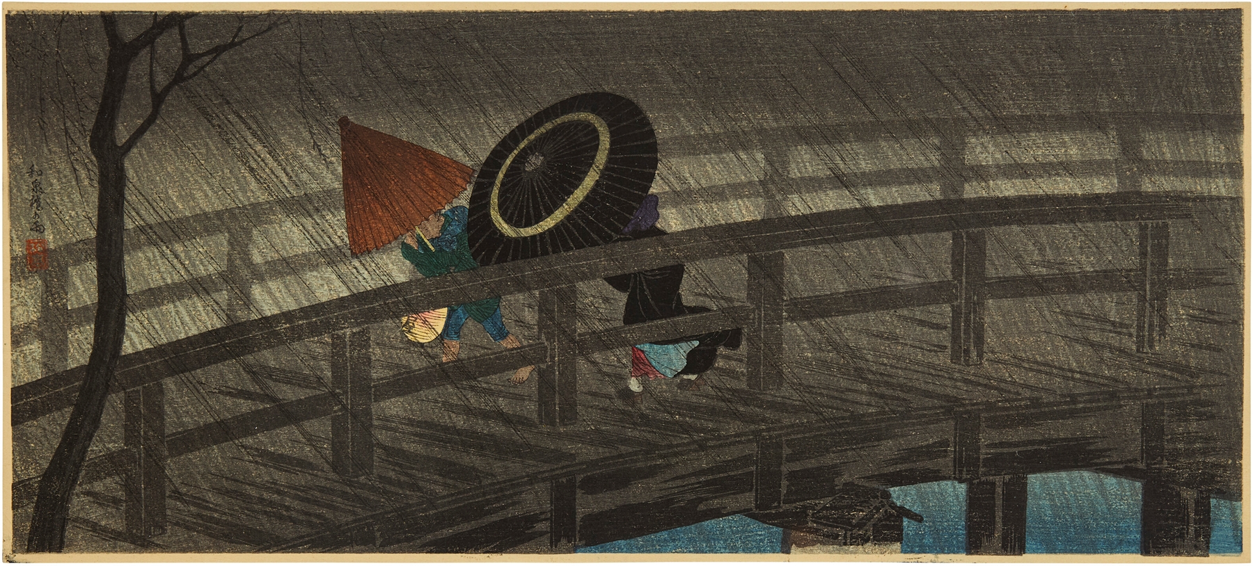 Woodblock print by Takahashi Hiroaki depicting Izumibashi Bridge in rain