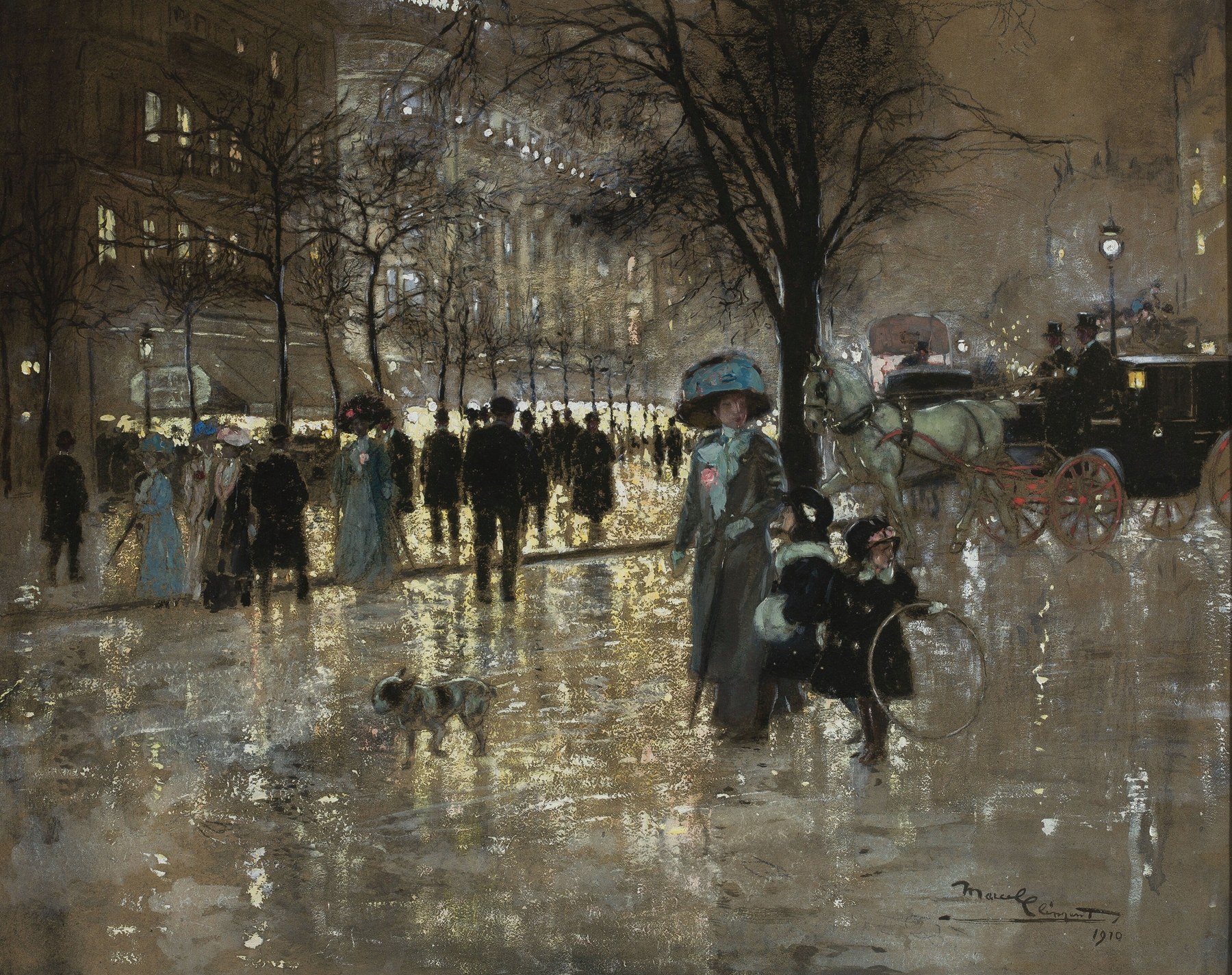 Genre scene depicting bustling figures on Bonne Nouvelle Boulevard in Paris, oil painting by Amédée-Julien Marcel-Clément.