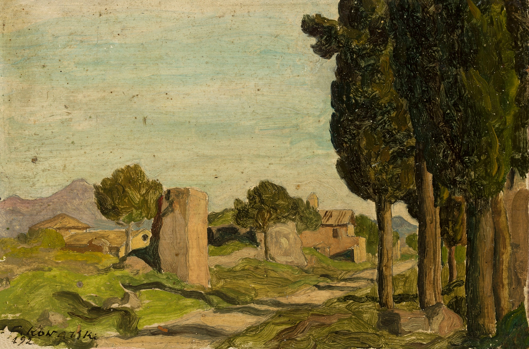 Italian landscape by Felicjan Szczęsny Kowarski, oil on canvas featuring rolling hills and golden light.