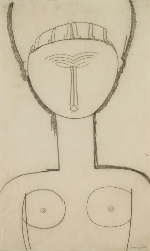 Amedeo Modigliani's 'Cariatide, vue de face, demi-figure' features a stylized figure with elongated features.