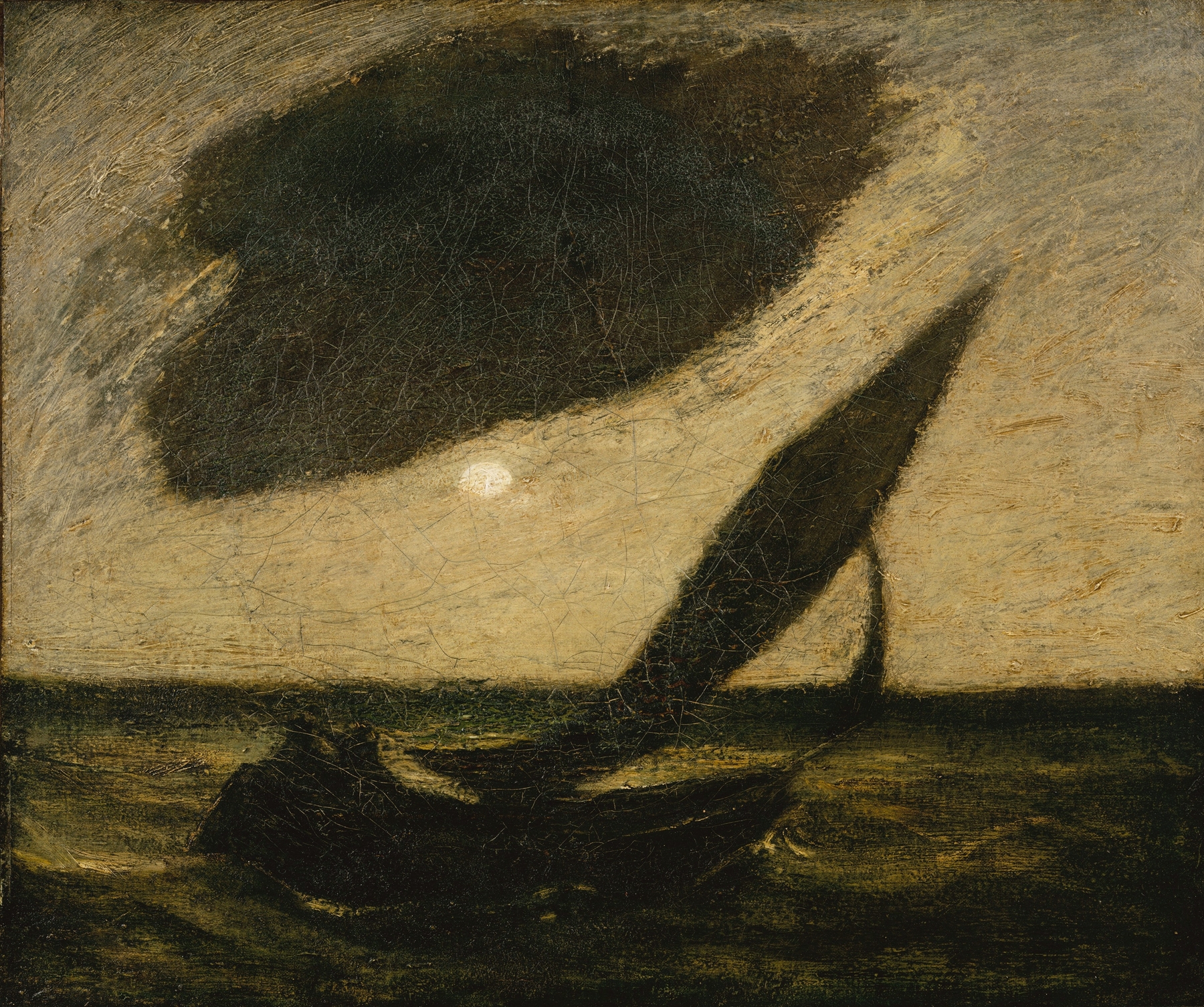 Oil painting by Albert Pinkham Ryder depicting a stormy sky with a boat under clouds.