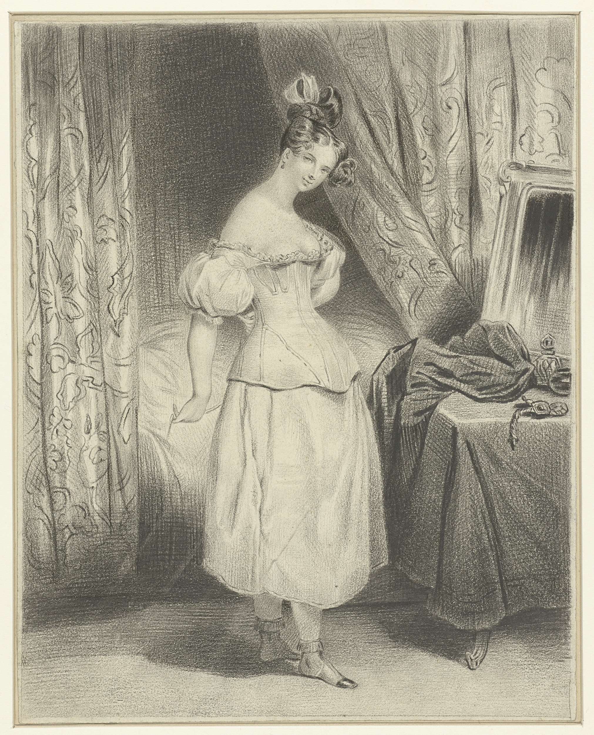 Interior scene of a young woman unfastening her corset, paper by Frédéric Bouchot