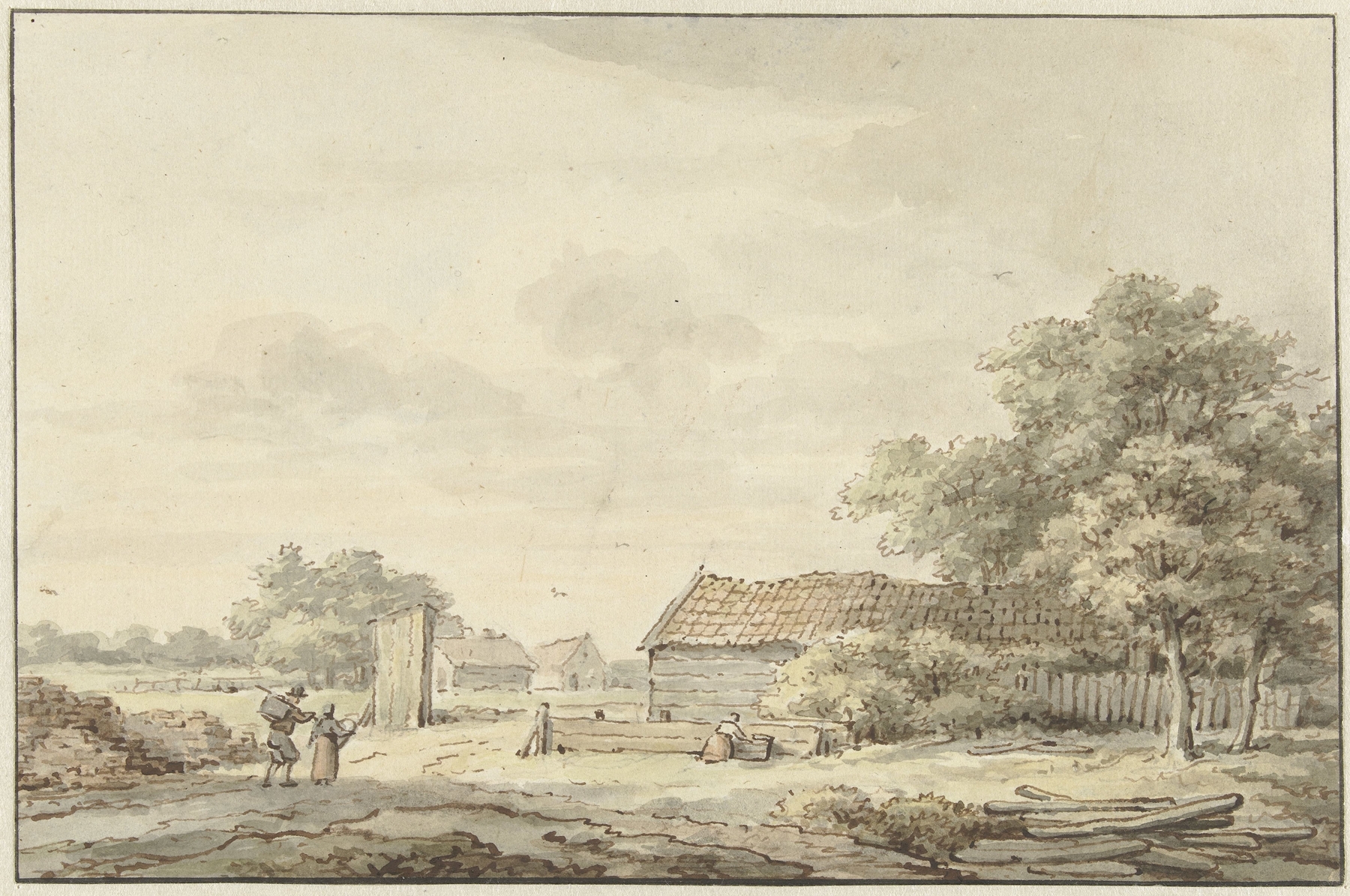 Landschap met boerderijen by Cornelis Buys, oil on canvas depicting a pastoral landscape with farmhouses.