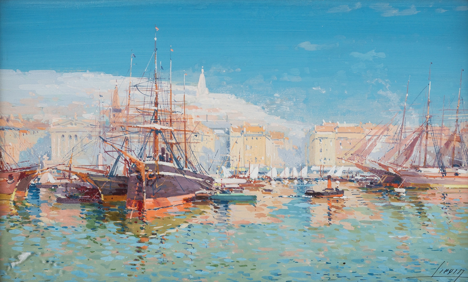 Marine scene depicting Le port de Marseille by Eugène Galien-Laloue, oil painting