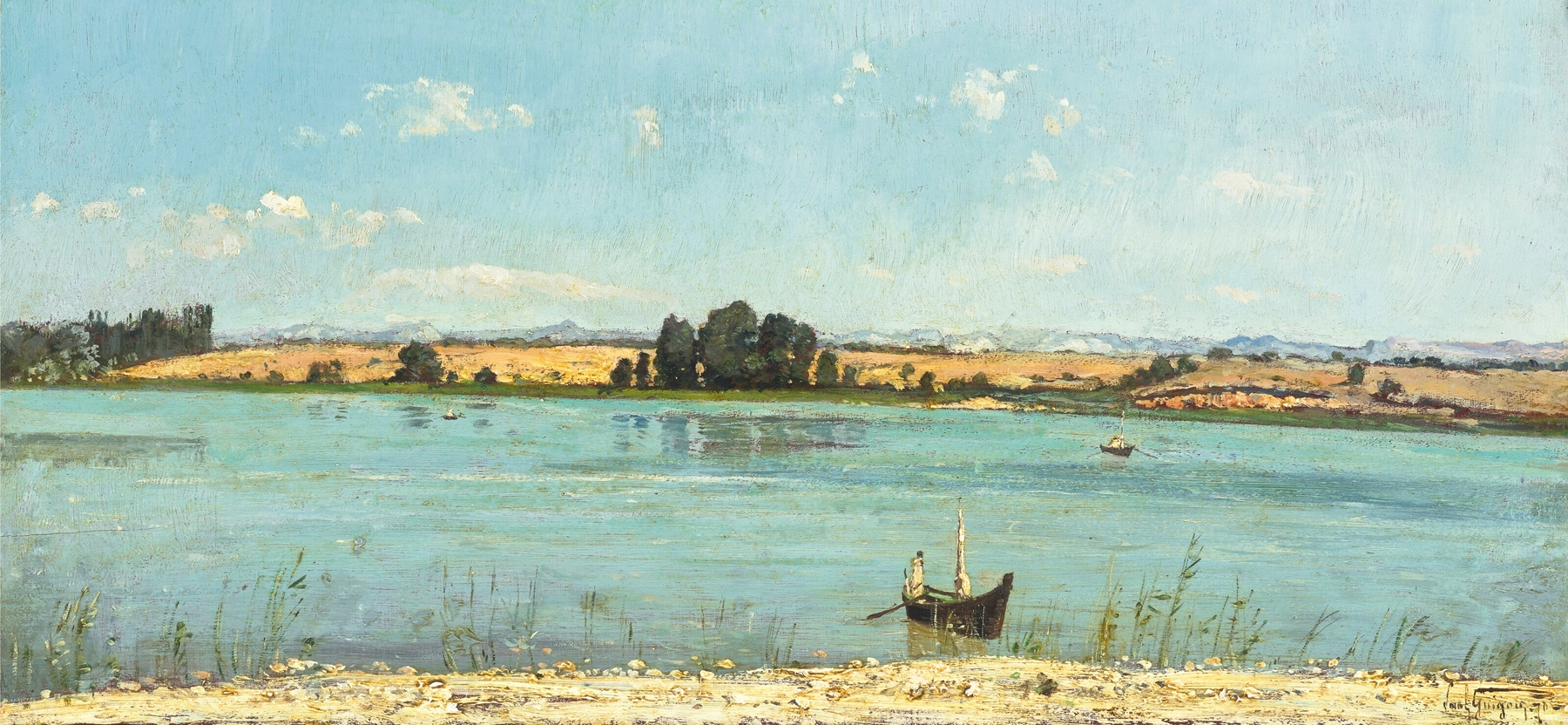 Impressionist oil painting by Paul-Camille Guigou depicting boats on the Durance river.